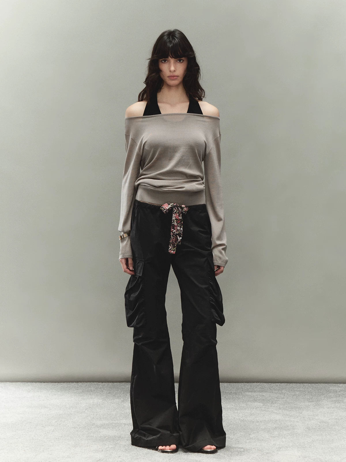 Printed Waistband Drawstring Multi-Pocket Low-Waist Cargo Pants