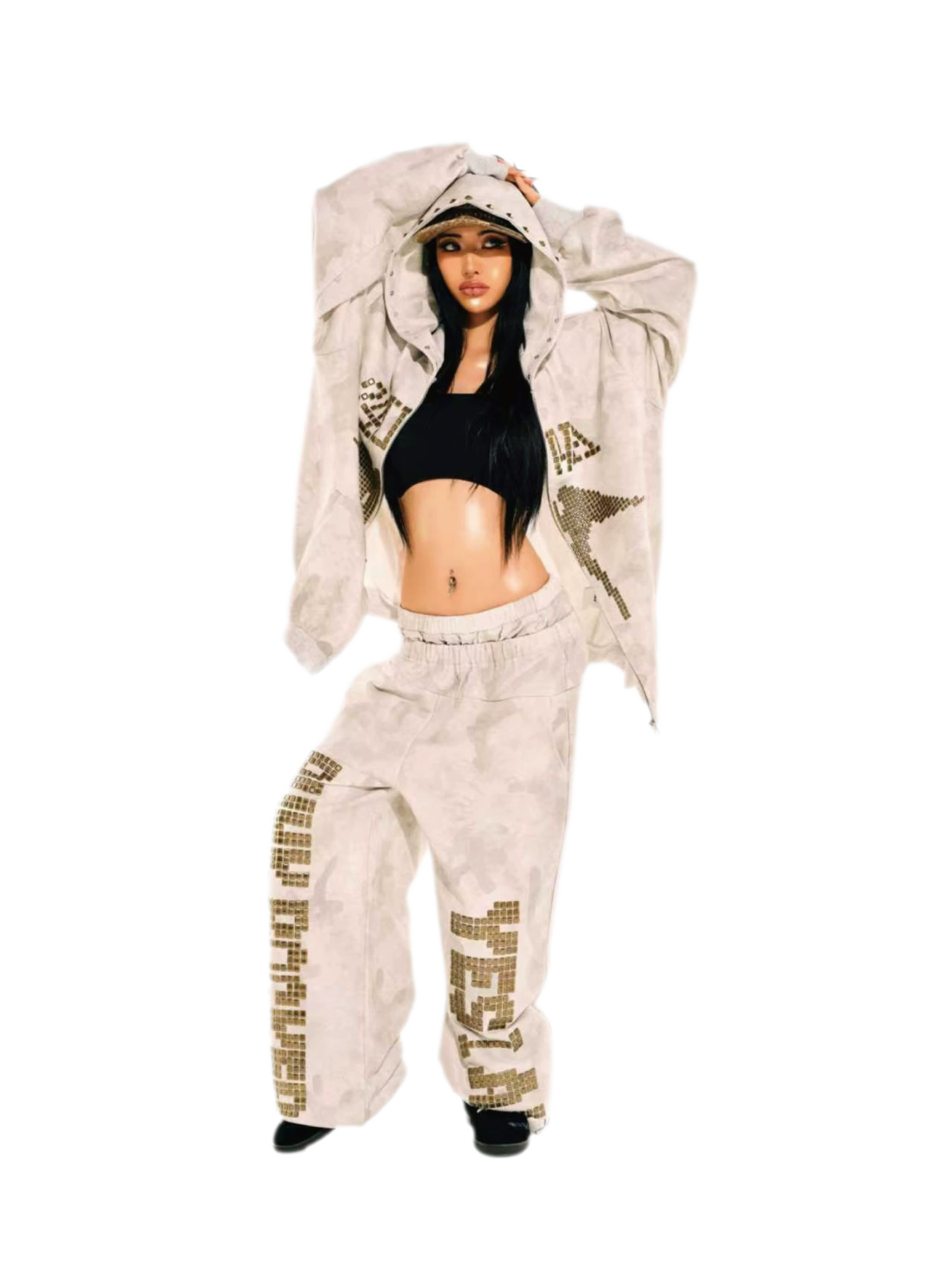 Camouflage Rhinestone Hoodie Sweatpants Set