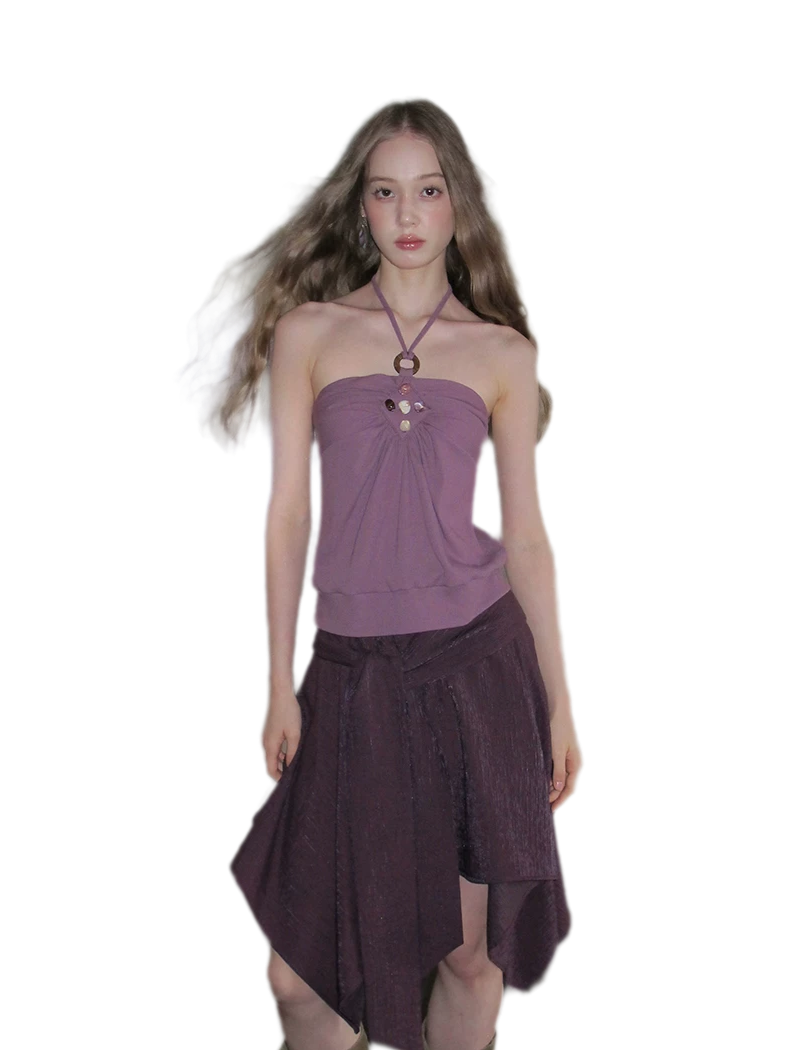 Beaded Ruched Halter Ribbed Top