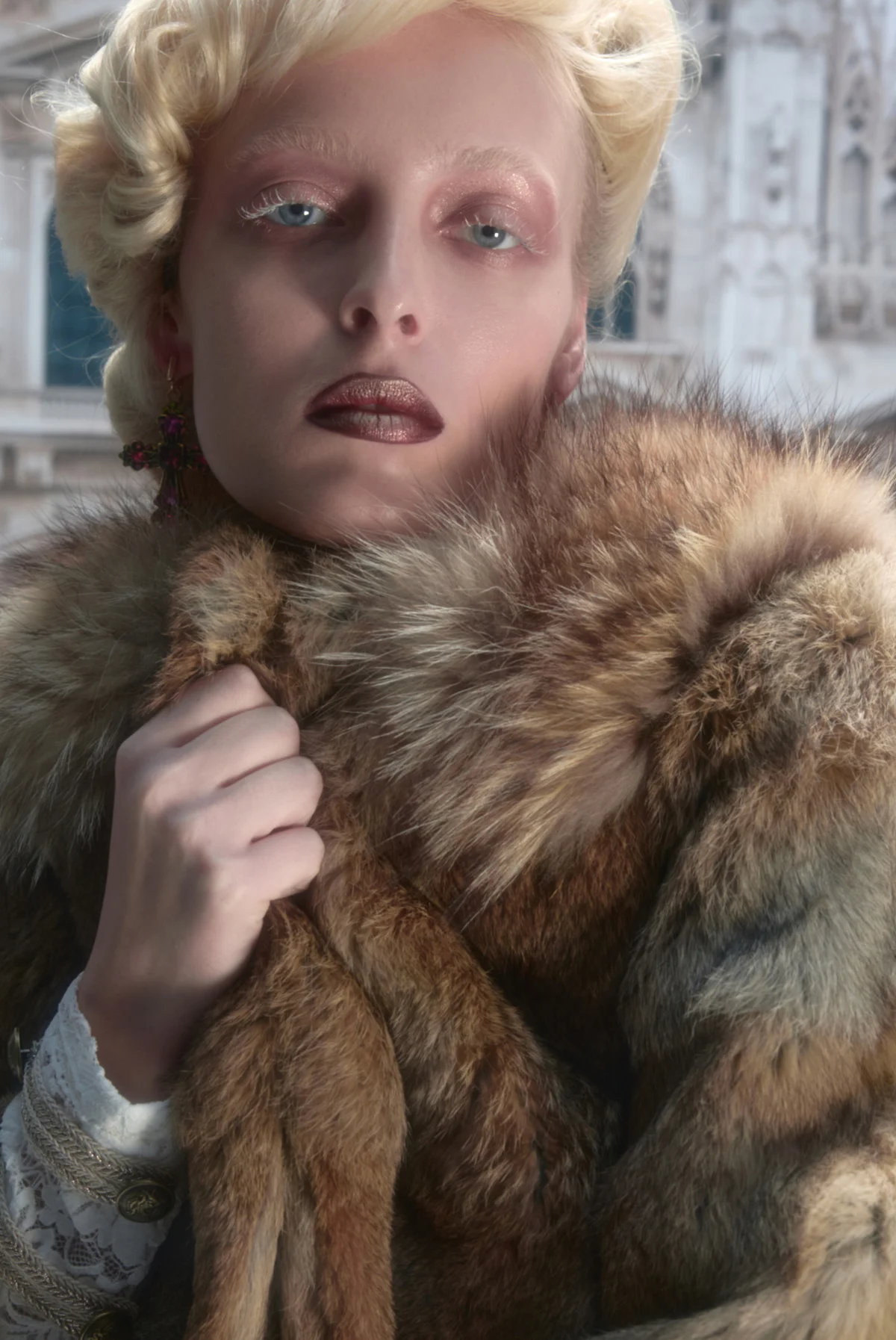 Chaqueta corta de cuello de piel de conejo 100% angora