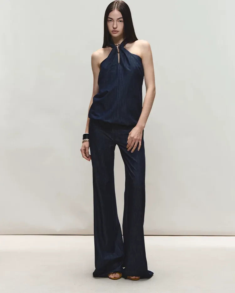 Tencel Denim Blue Hollow Halter Slim Flared Pants