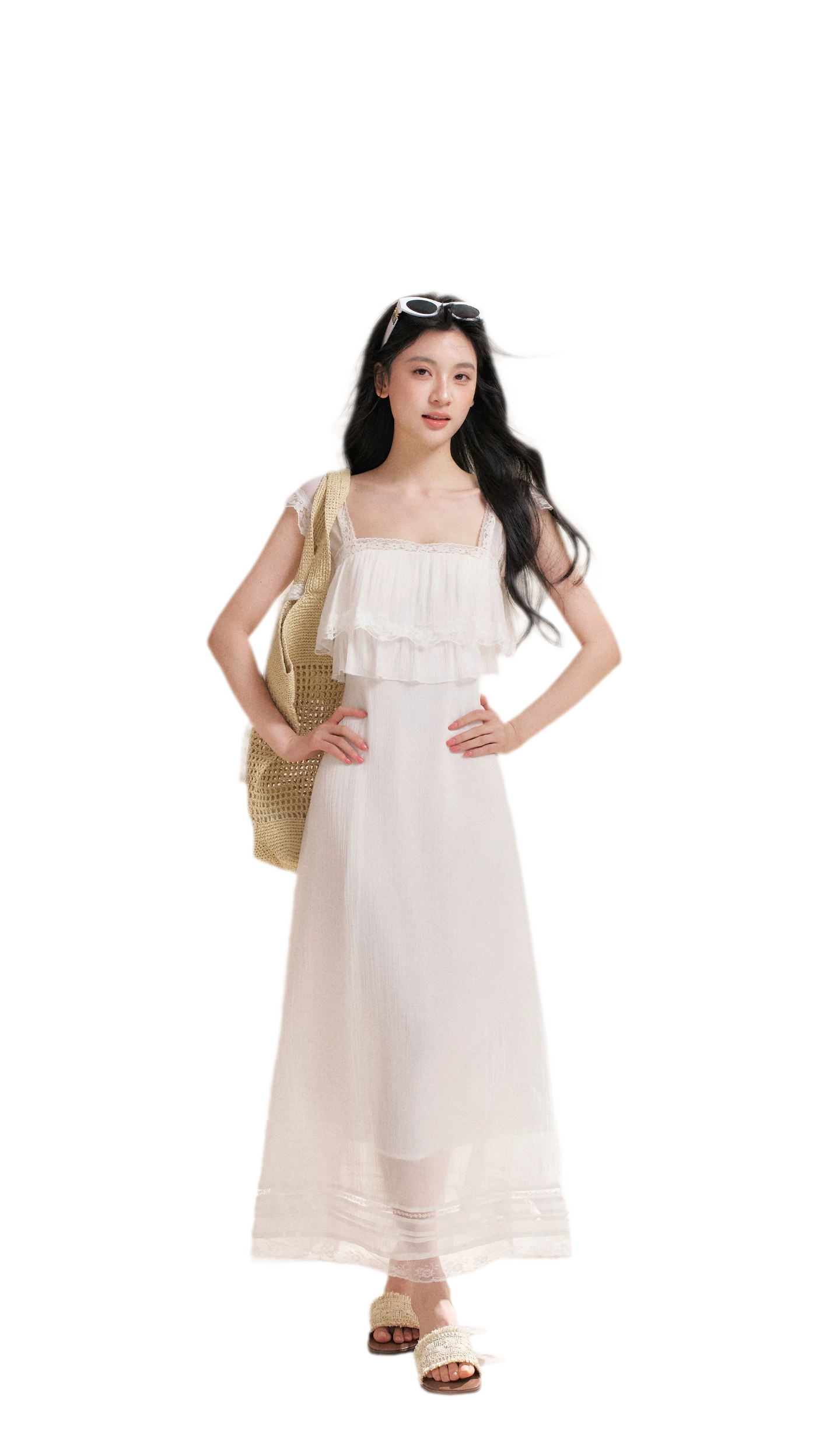 Lace Ruffle Waist Long Dress