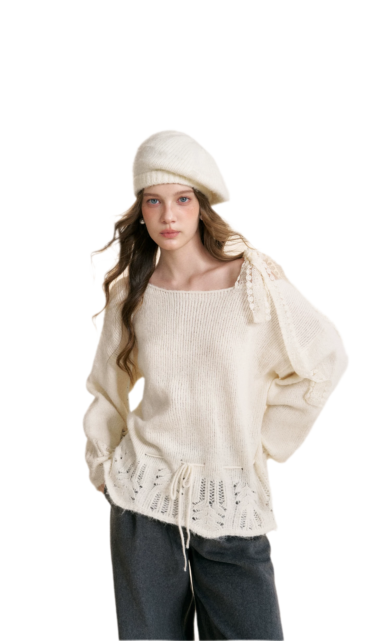 Lace Drawstring Off-Shoulder Sweater