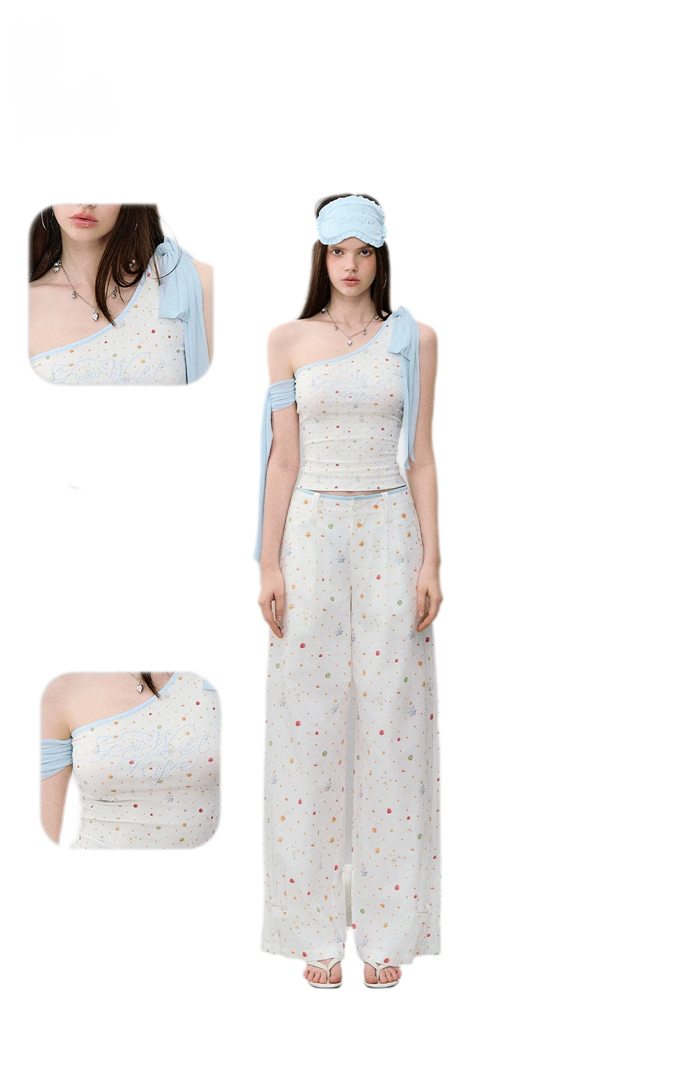 Printed Mesh One-Shoulder Tie Tank