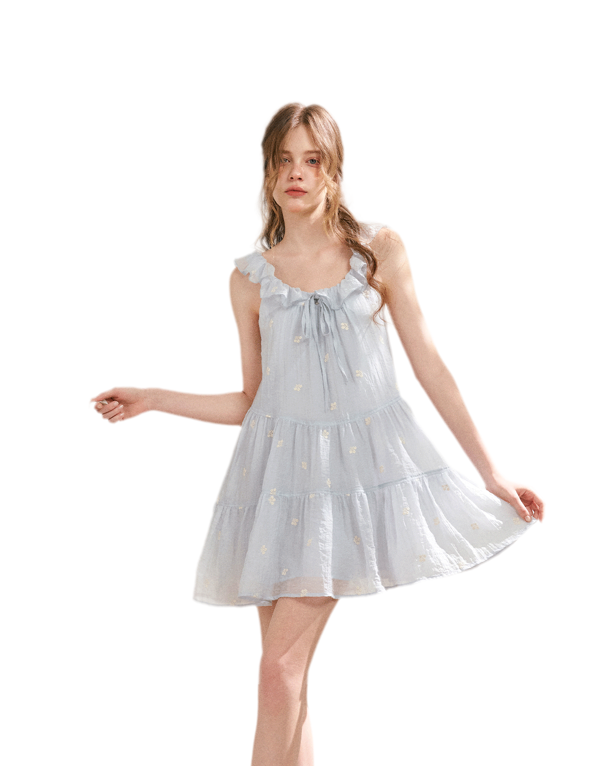 Tencel Embroidered Ruffle A-line Dress