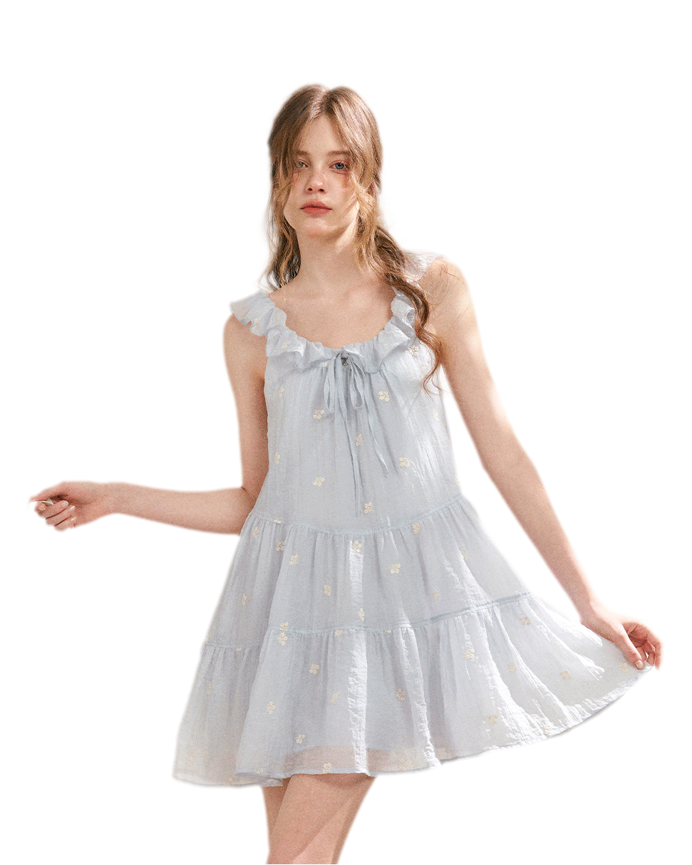 Tencel Embroidered Ruffle A-line Dress