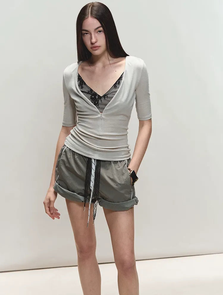 Lyocell Two-in-One Colorblock Mid-Sleeve T-Shirt