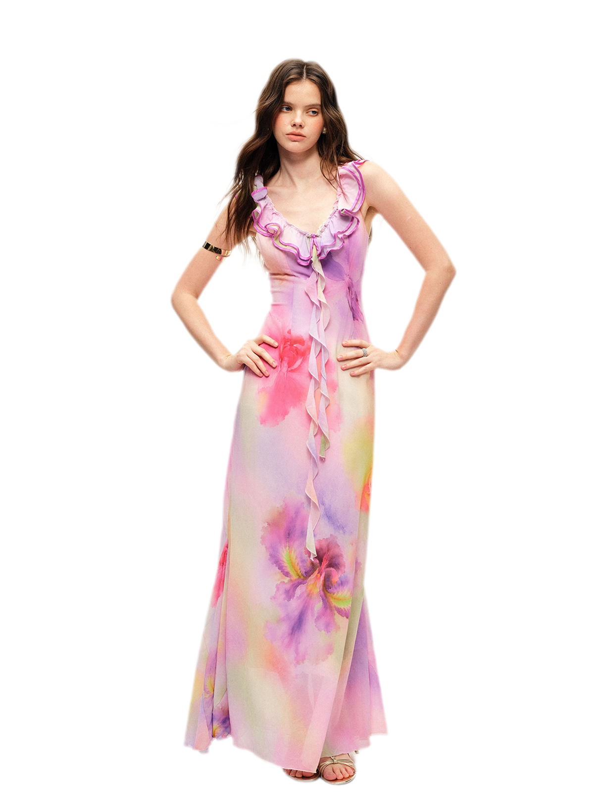 Watercolor Ruffle V-Neck Dress