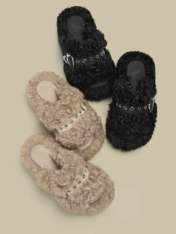 Platform Teddy Fur Slides