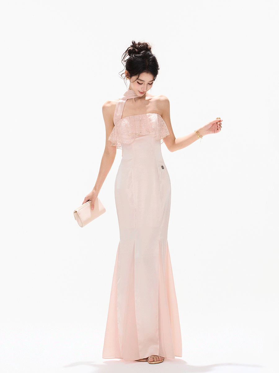 Champagne Pink Lace Fishtail Strapless Long Dress