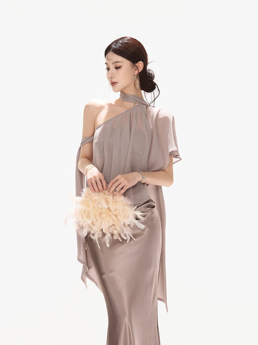 Elegant Asymmetric Chiffon Shawl Top with Built-in Bustier