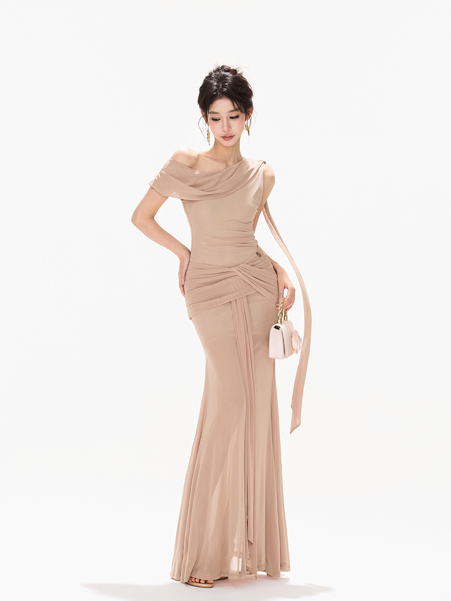 Asymmetric Knot Pleated Mermaid Dress