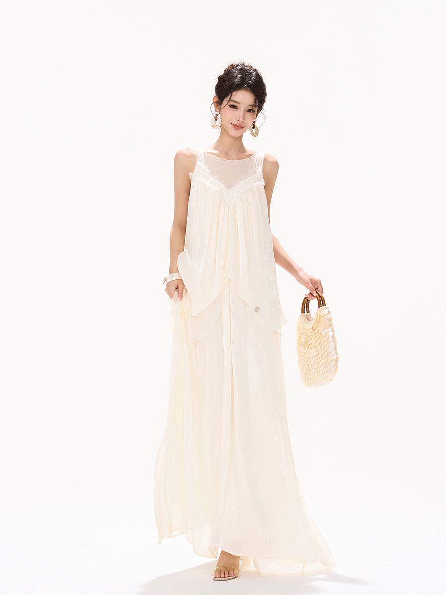 Sleeveless Mesh Ruffle Long Dress