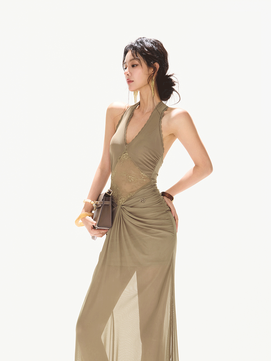 Deep V Neck Halter Lace Mesh Long Dress