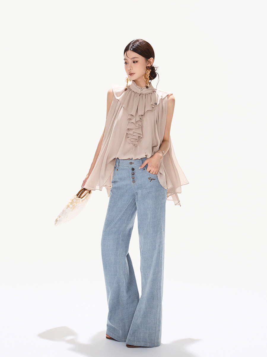 90s Vintage Washed Metal Button Wide-Leg Denim Pants