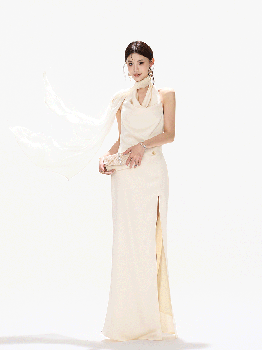 Halterneck Draped Satin Long Dress with Side Slit