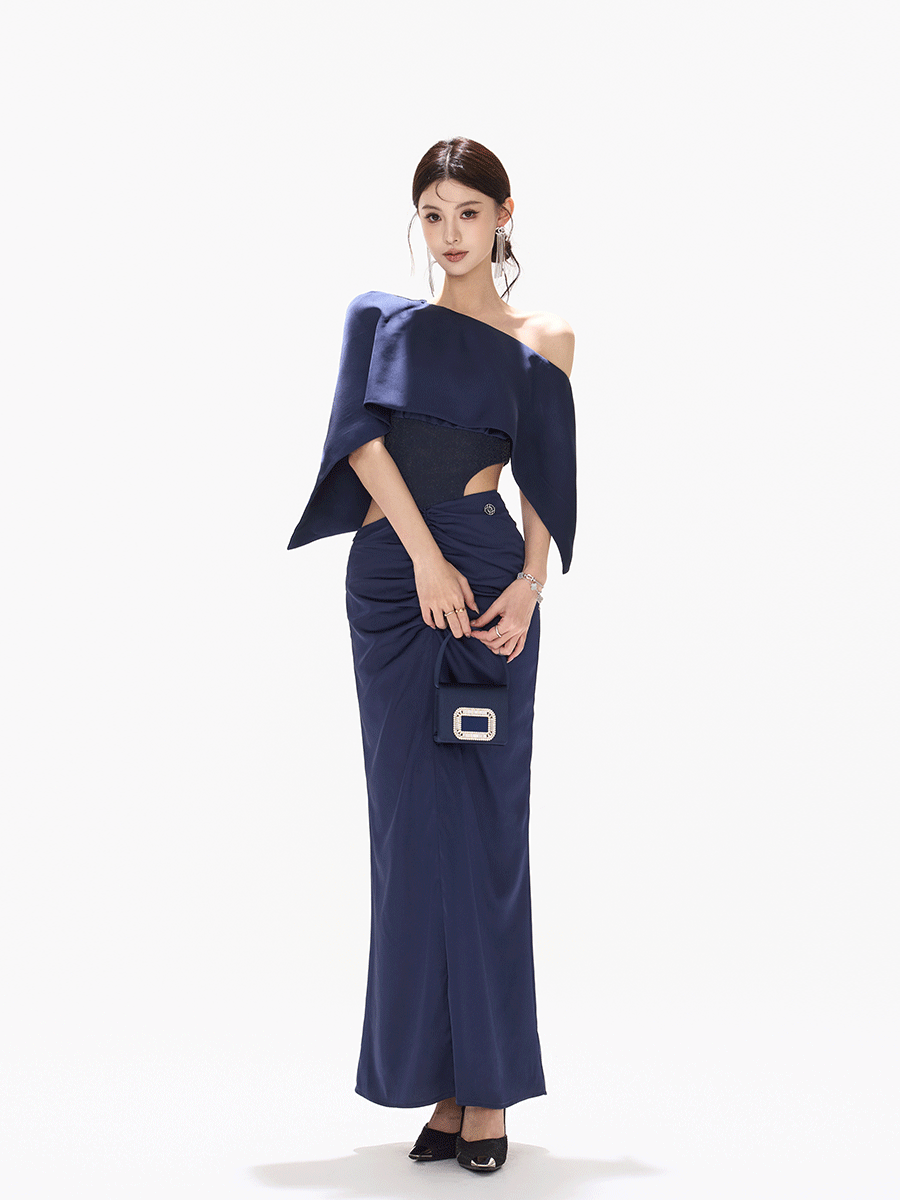 Night Banquet Muse Indigo Asymmetric Off-Shoulder Long Dress