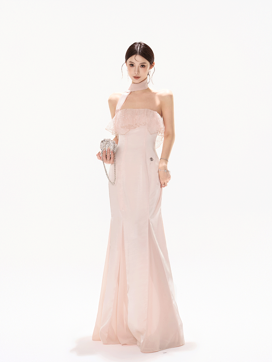 Strapless Lace Ruffle Fishtail Long Dress in Champagne