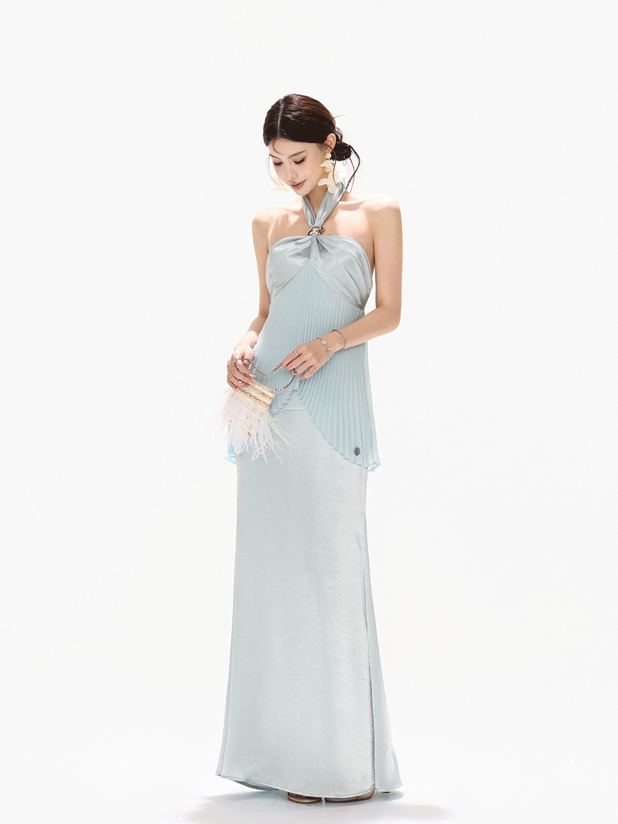 Misty Blue Pleated Halter Satin Long Dress