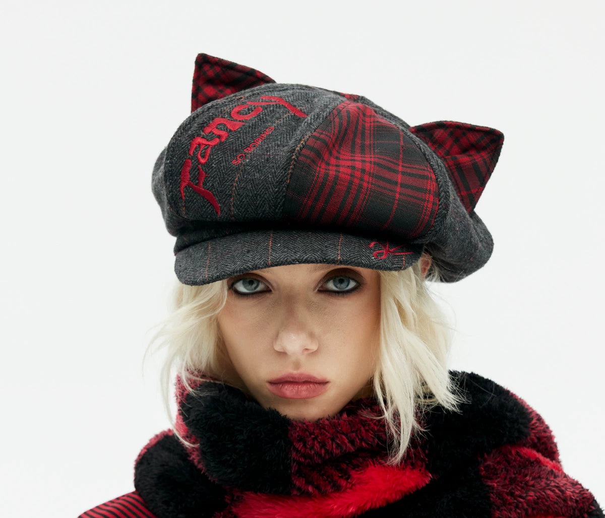 Embroidered Cat-Ear Plaid Newsboy Hat