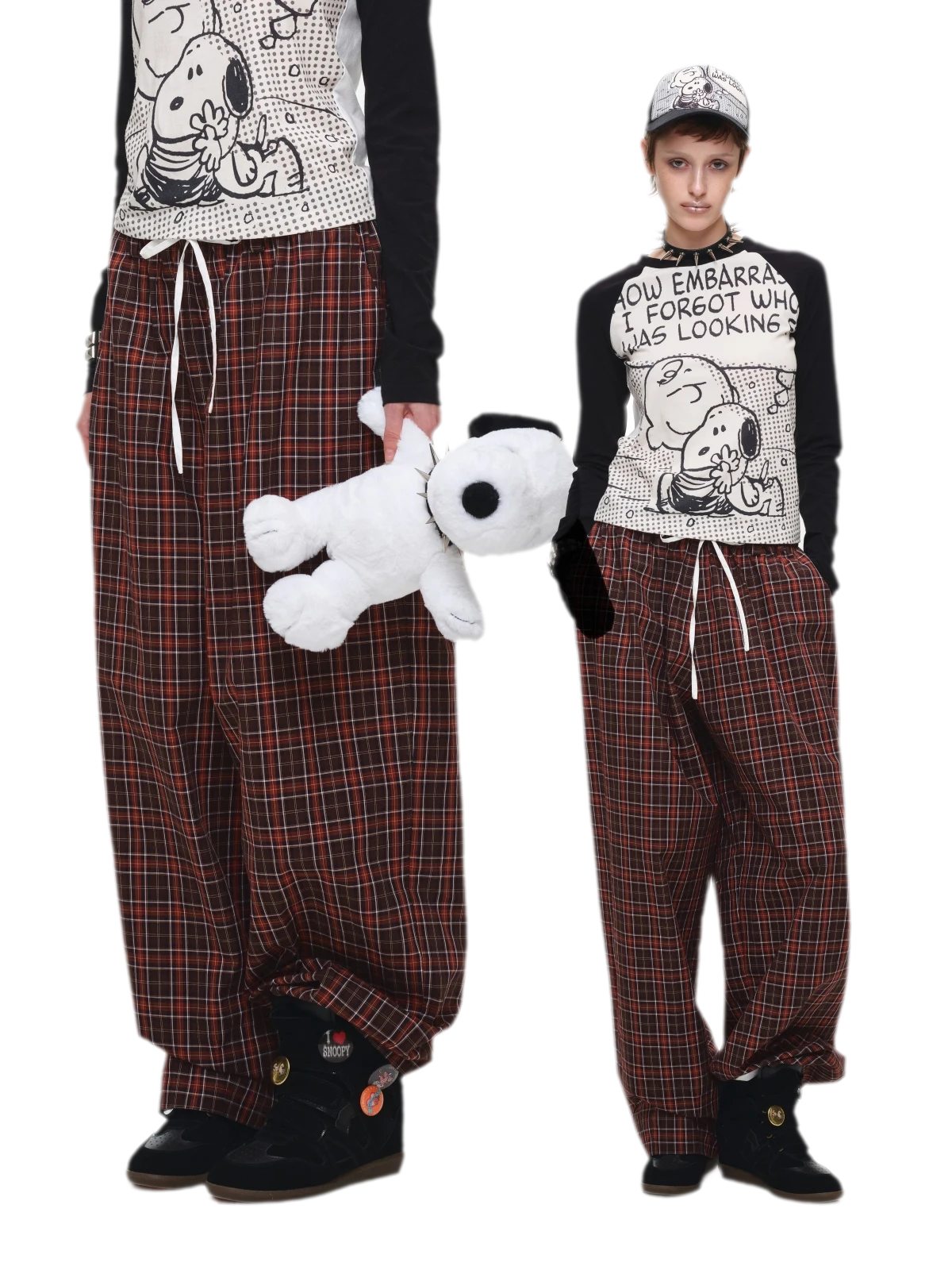 Contrast Plaid Wide-Leg Pants
