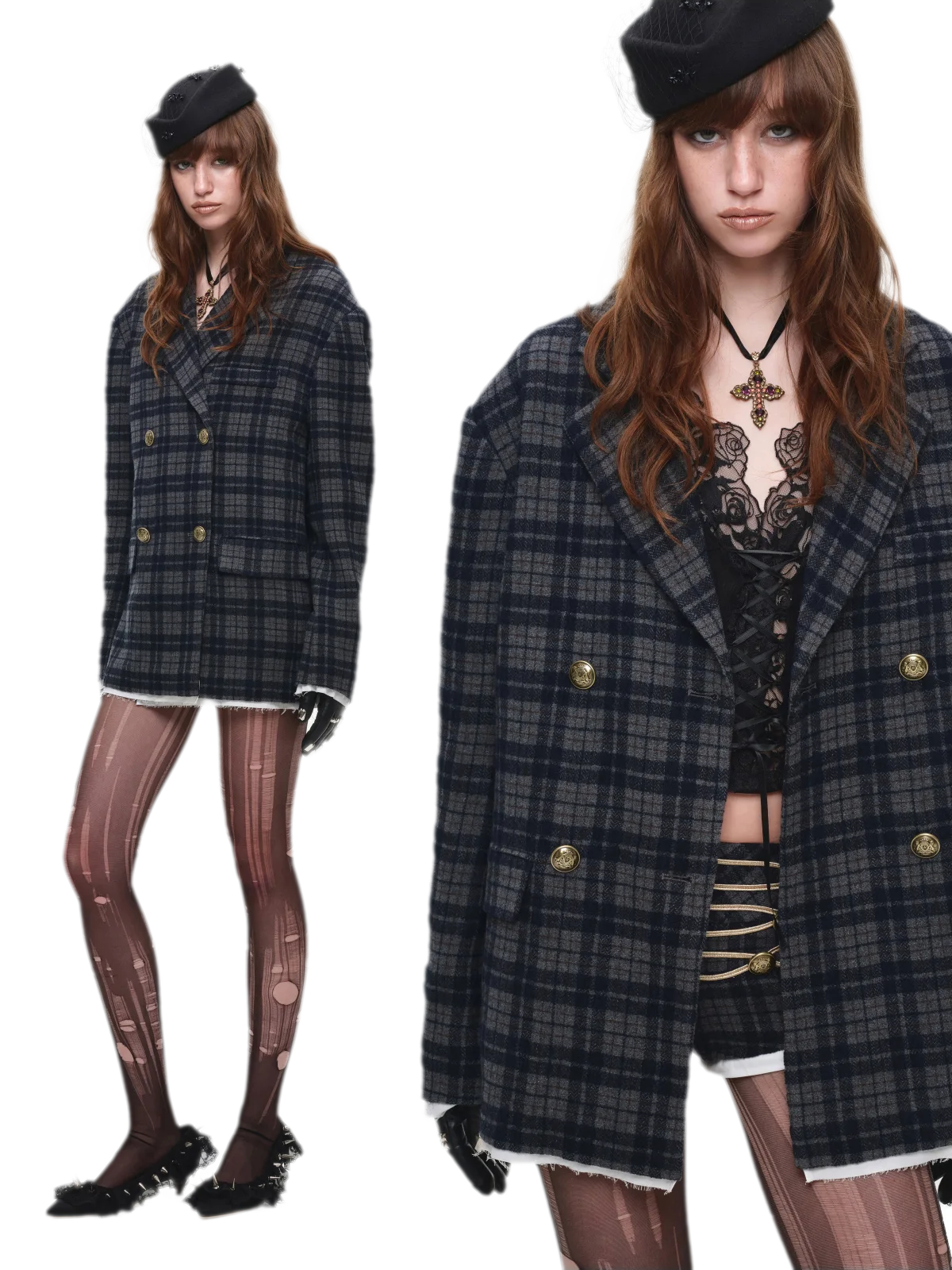 Vintage Plaid Double-Breasted Coat