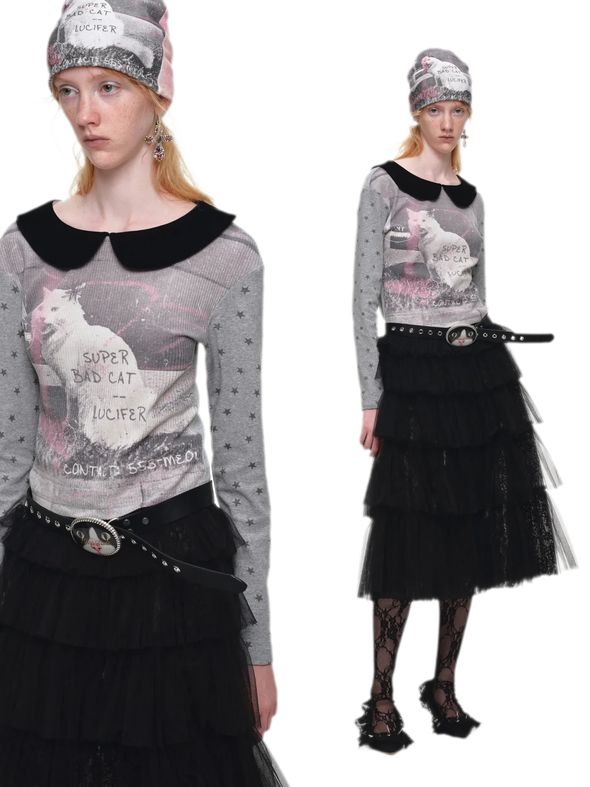 Camiseta de cuello Peter Pan con bloques de color y gato