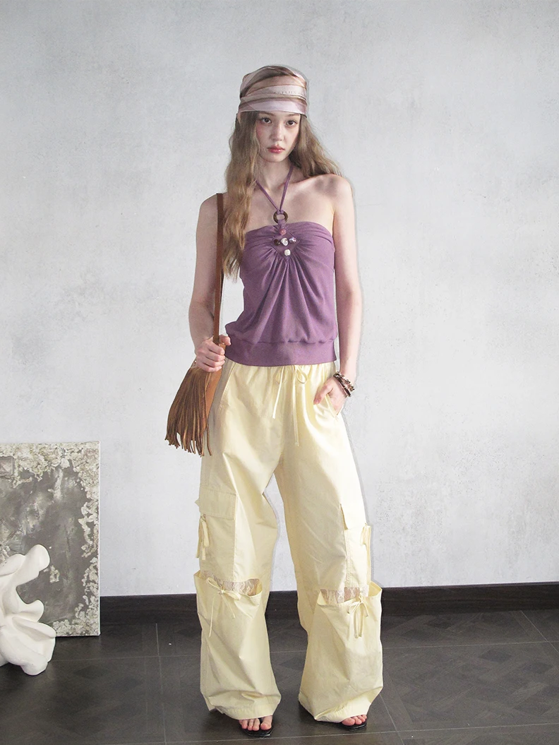 Beaded Ruched Halter Ribbed Top
