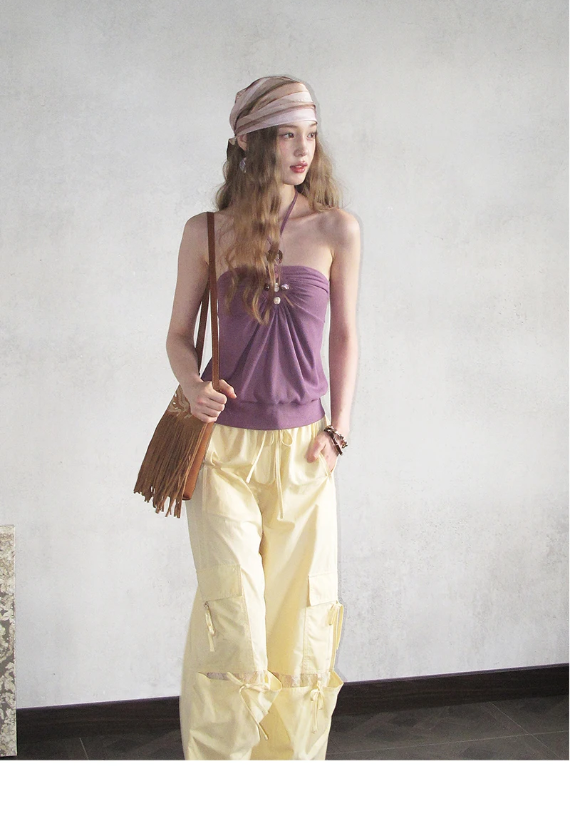 Beaded Ruched Halter Ribbed Top
