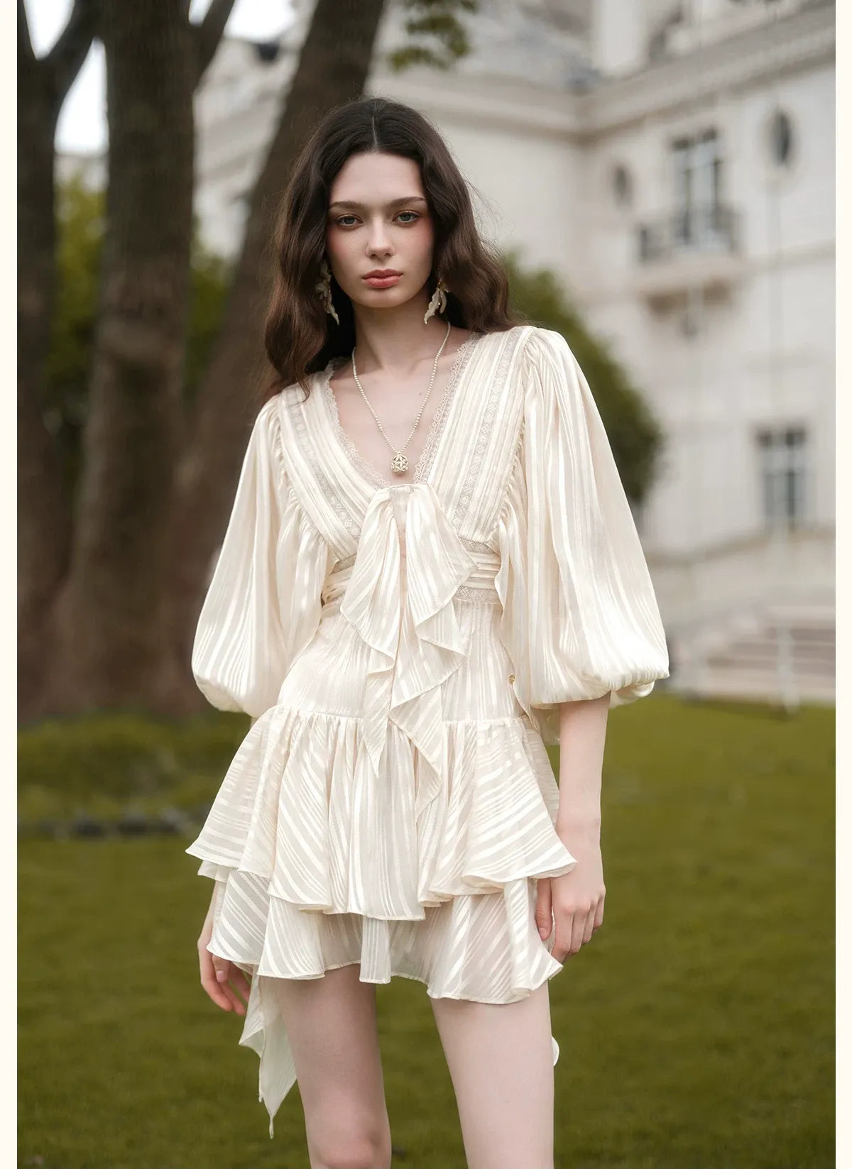 Lace Ruffle Batwing Mini Dress