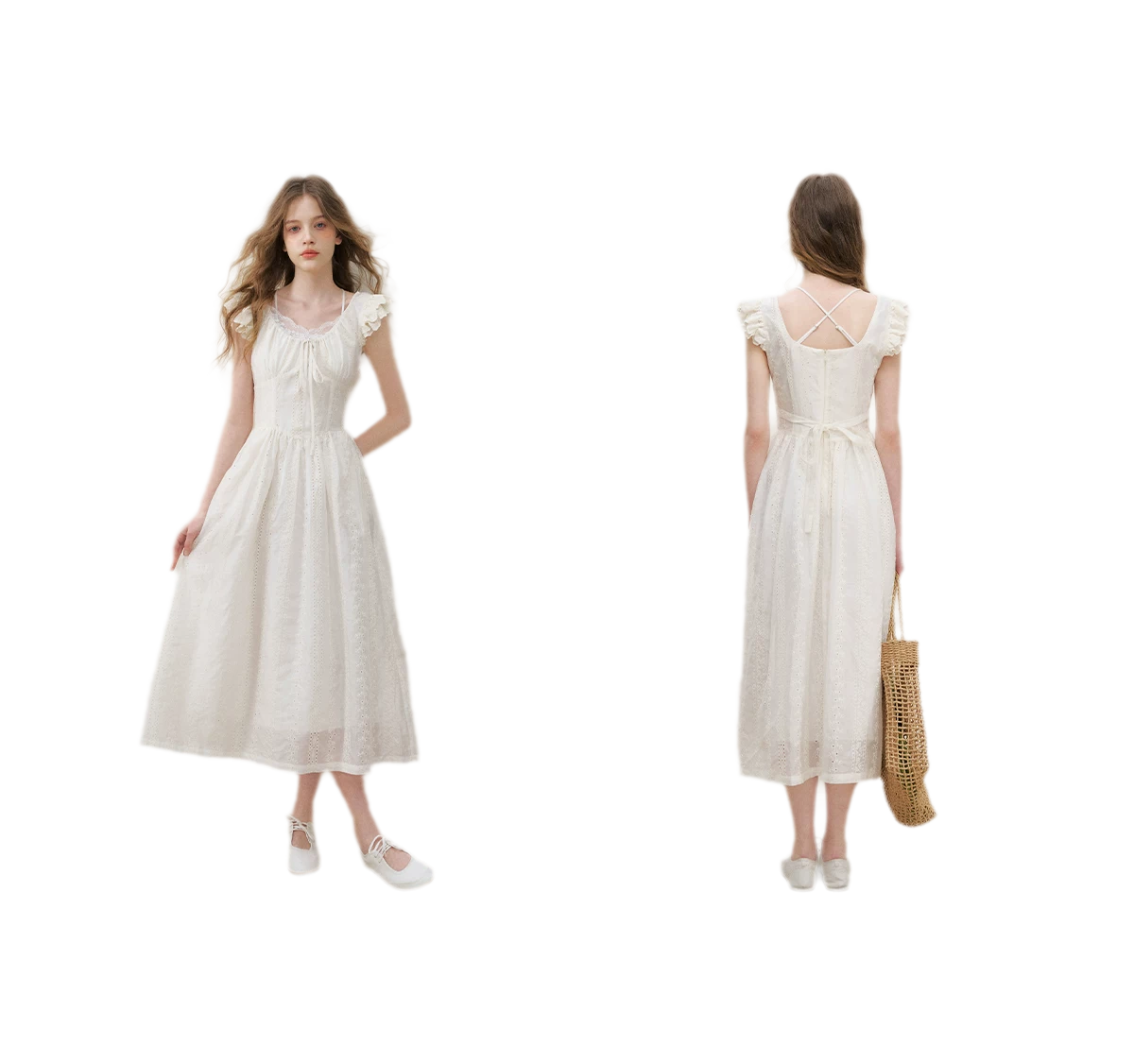 Embroidered Flutter Sleeve Dress
