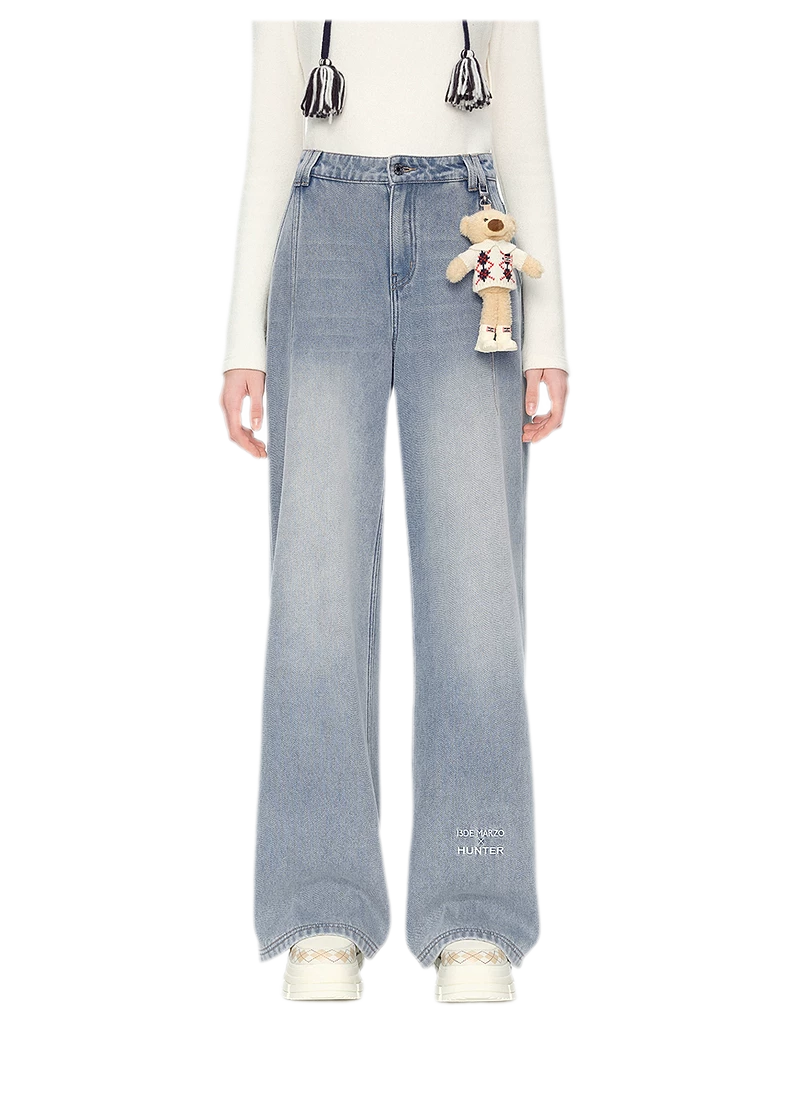 Jeans in denim a gamba larga con fodera in pile