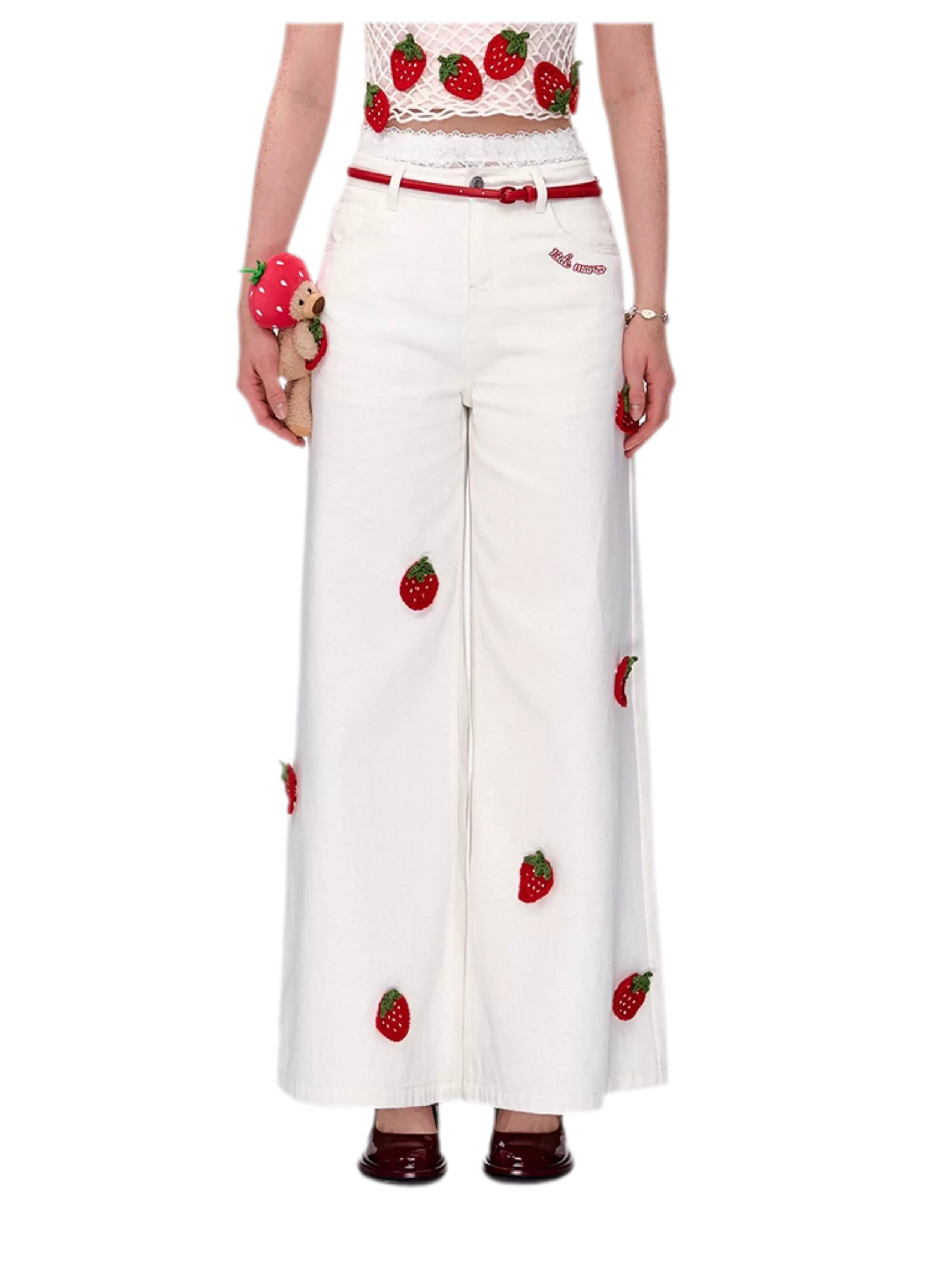 Fruit Embroidered Wide-Leg Pants