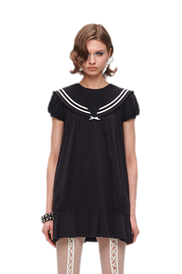 Retro Navy Collar Pleated Dress Navy Blue / M