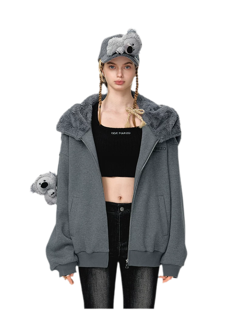 Áo hoodie khóa kéo bề mặt dệt nổi hình gấu koala