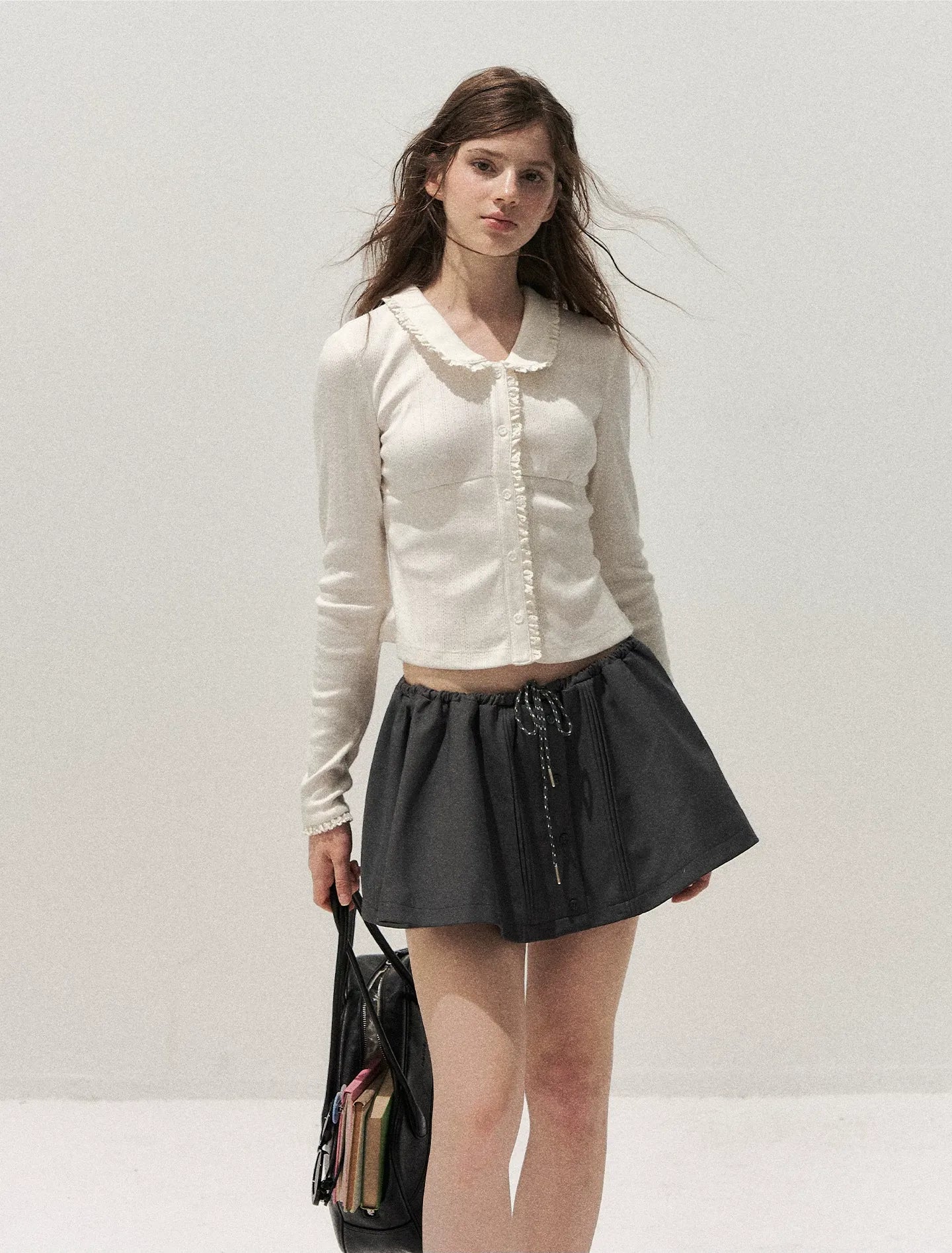 Textured Lace Collar Long-Sleeve Top