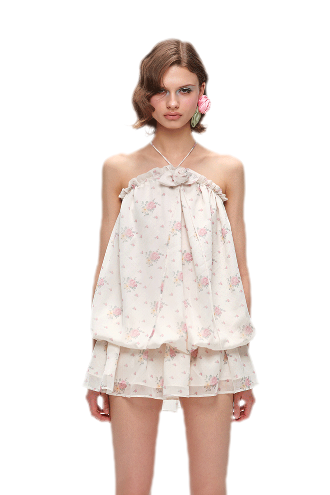 Floral Print Layered Halter Dress