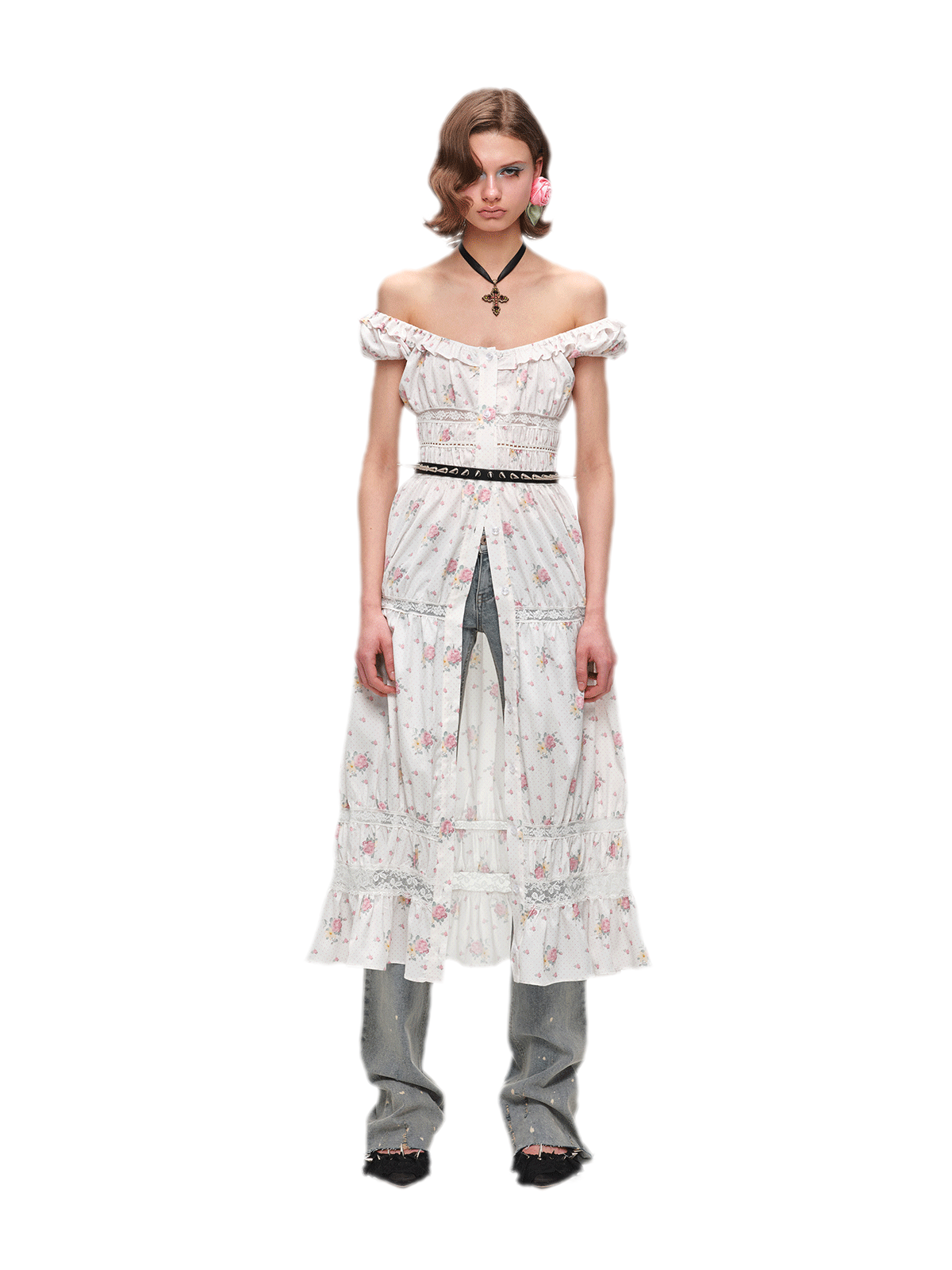 Long Floral Lace Chiffon Dress