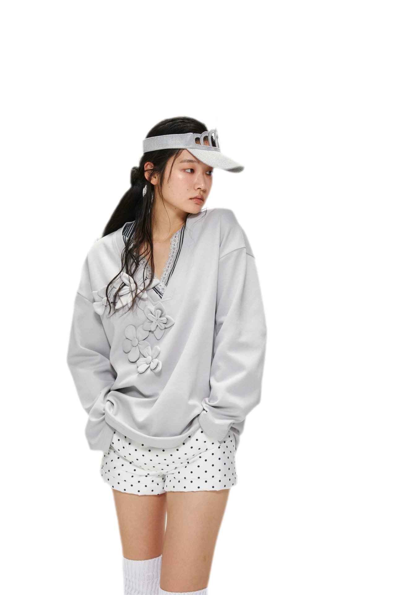 Handmade Flower Appliqué V-Neck Sweatshirt