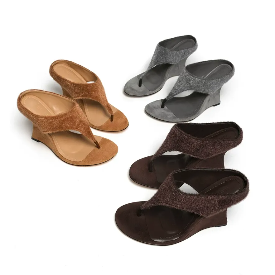 Faux Horsehair Wedge Thong Sandals