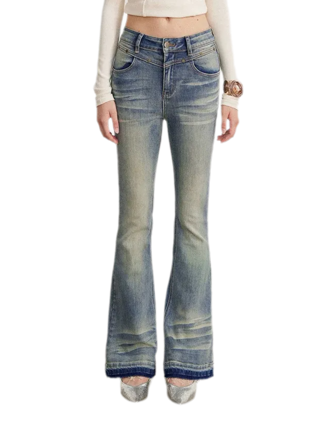 Washed Micro-Flare Contrast-Hem Jeans