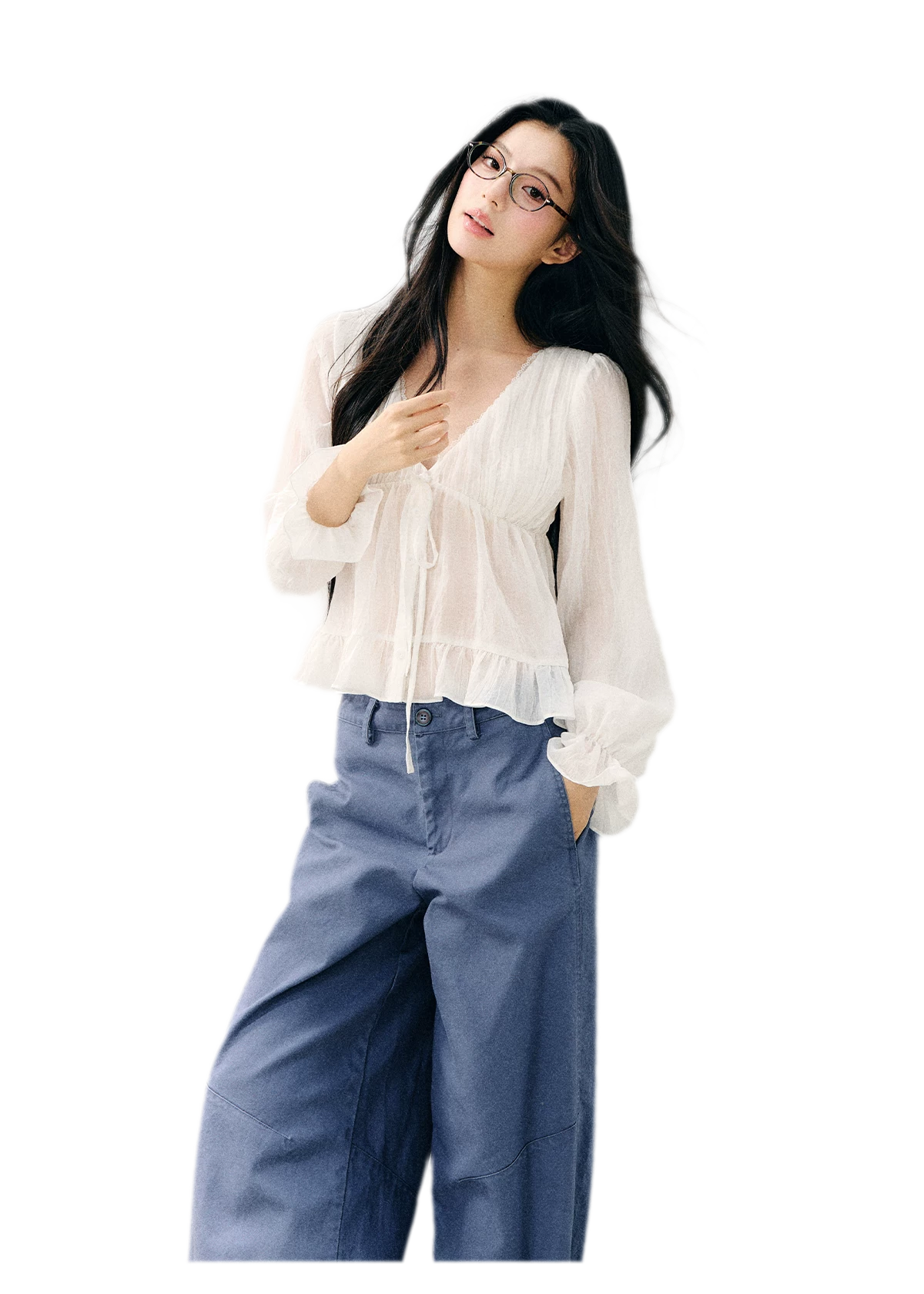 V-Neck Ruffle Chiffon Blouse