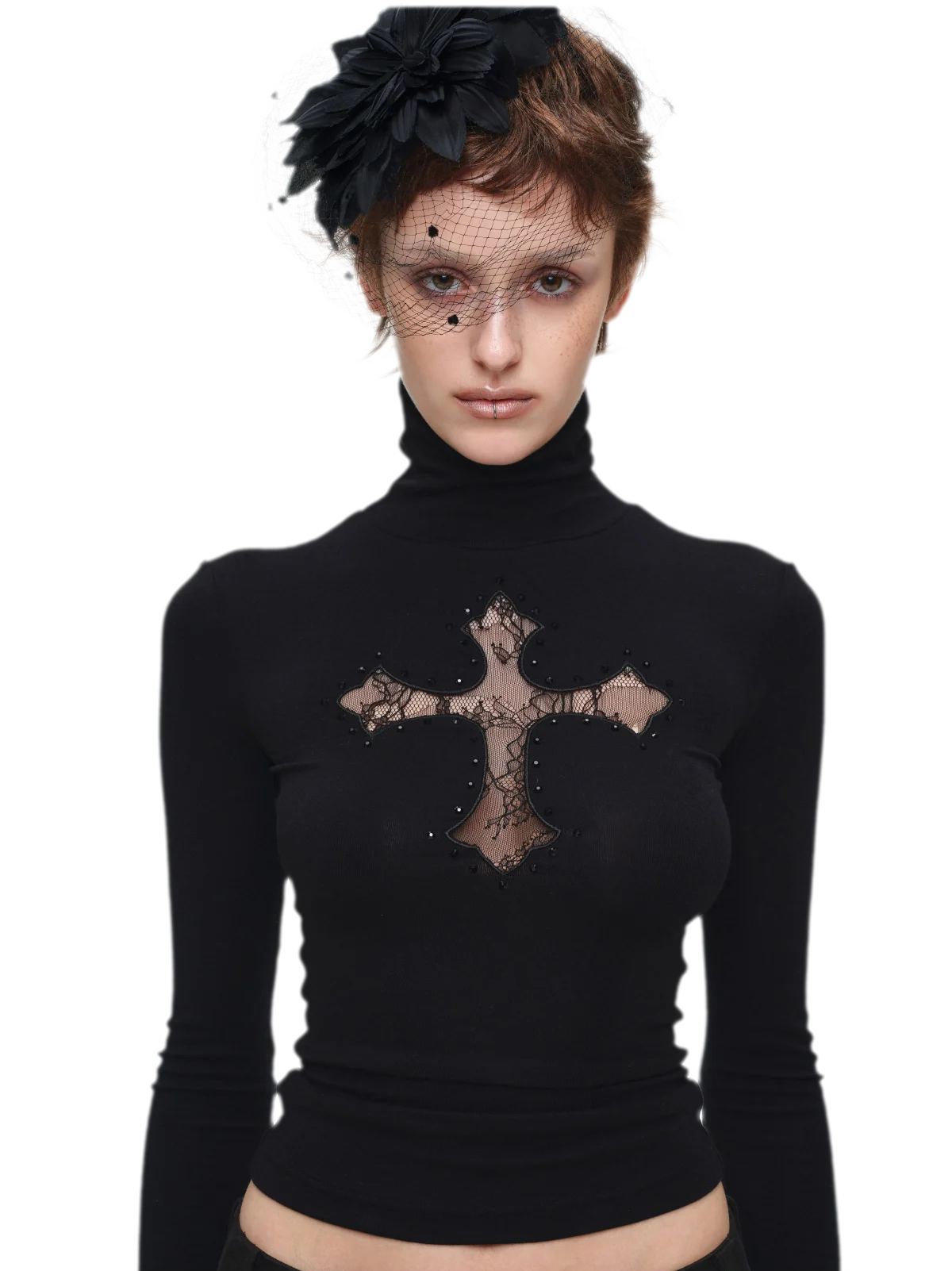 Rhinestone Lace Turtleneck Knit Top