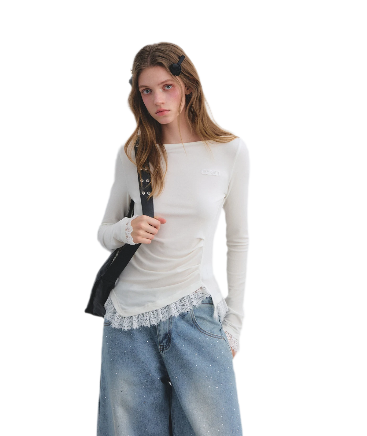 Lace Panel Ruched Hem Top