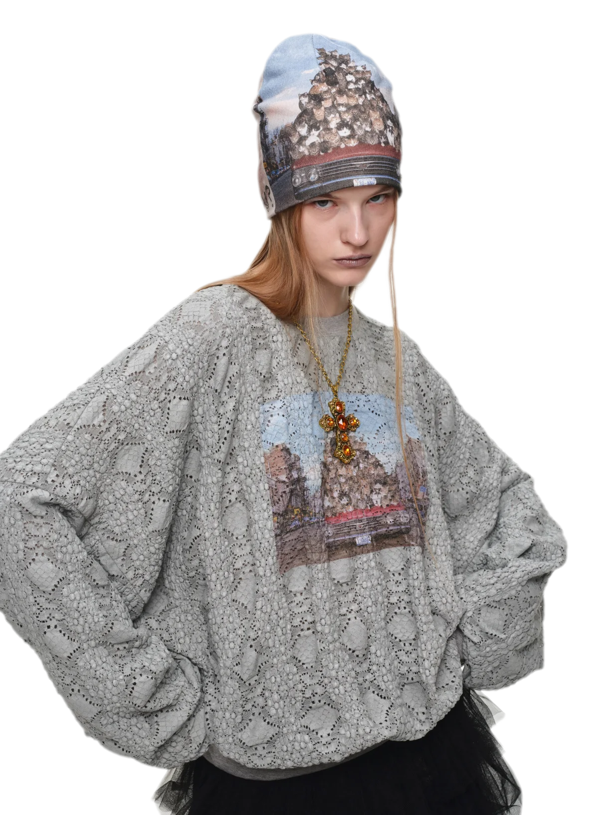 Distressed Cat Graphic Sweatshirt