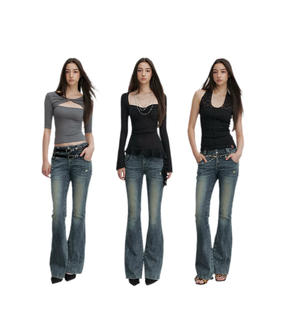 Washed Whisker Flared Jeans