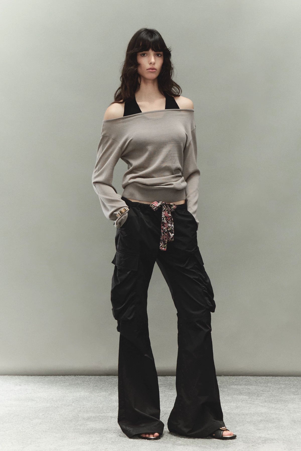 Printed Waistband Drawstring Multi-Pocket Low-Waist Cargo Pants