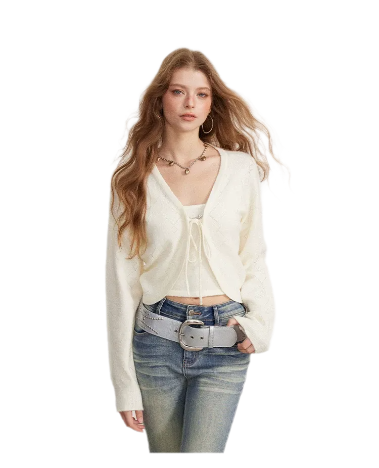 Diamond Knit Tie Cardigan Set