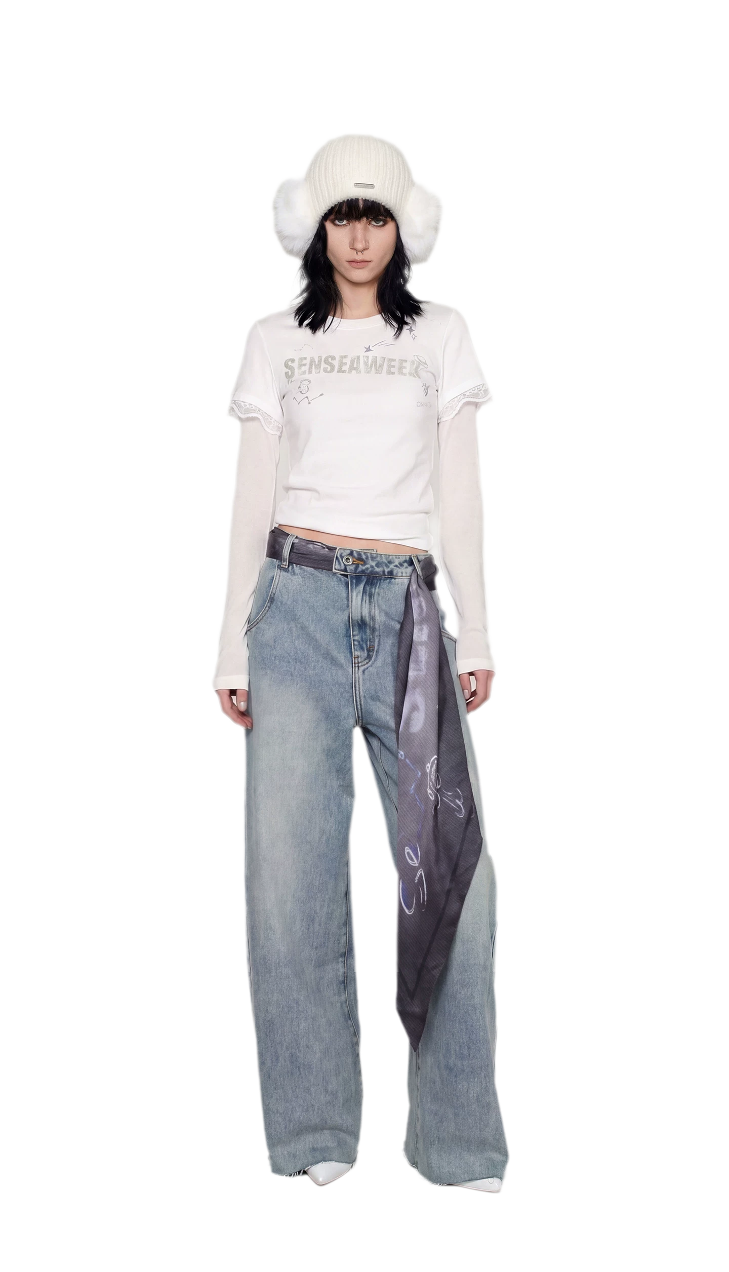 Scarf Tie Wide-Leg Jeans