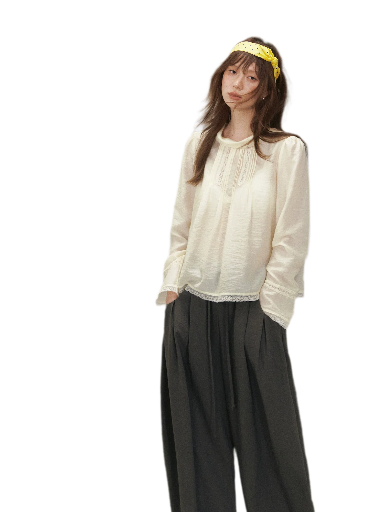 Pintuck Lace Cuff Blouse